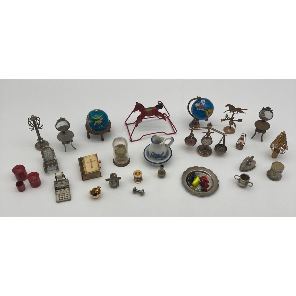 Vintage Miniature Dollhouse Trinket Lot Brass Glass Globe Bible Scale Decor